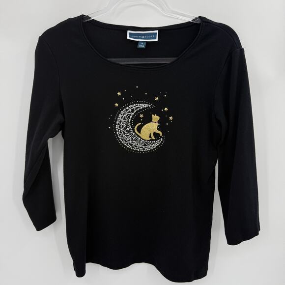 Karen Scott Tops - KAREN SCOTT Womens Shiny Cat Moon Shirt Size M Black 3/4 Sleeve Catlady Jersey